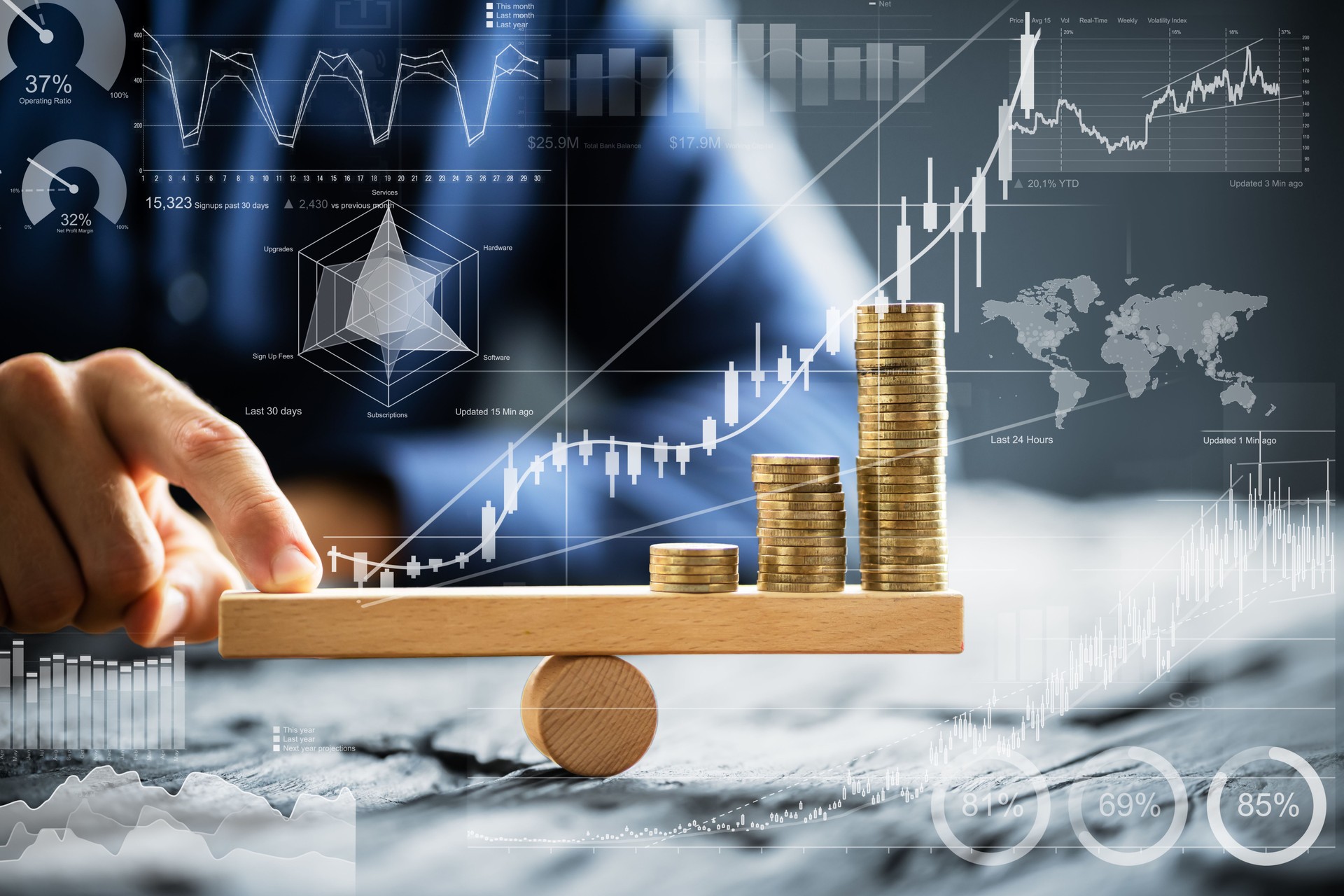 Businessman Balancing Coins On Wooden Seesaw